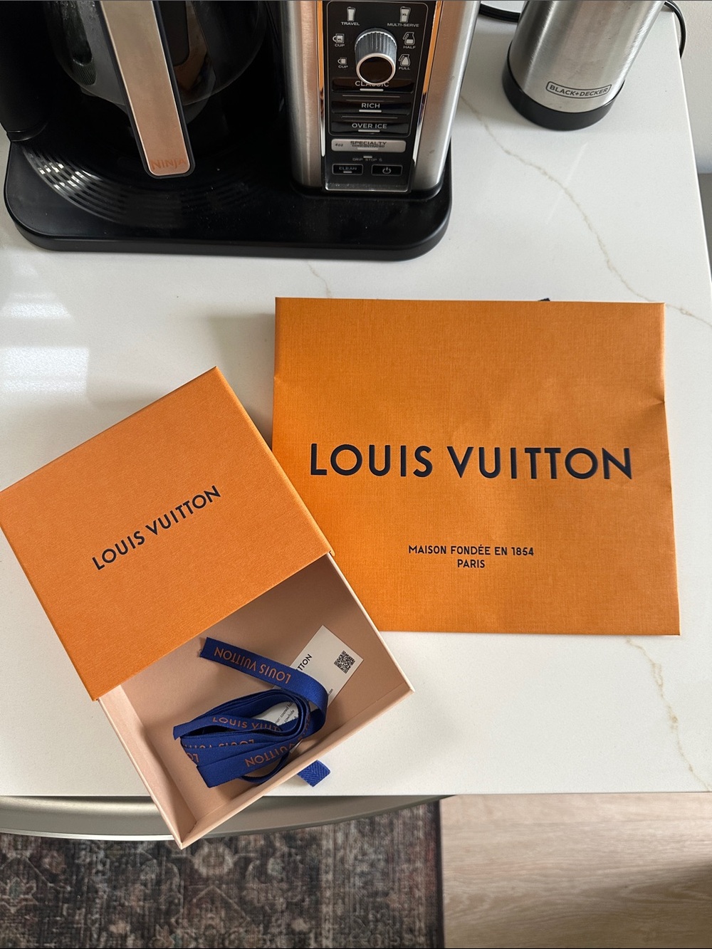 Louis Vuitton Orange Box and Shopping Bag with Blue Ribbon